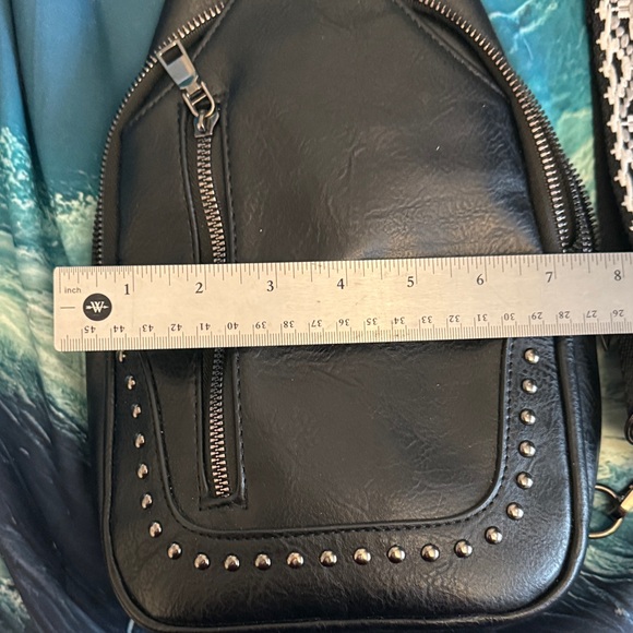 Black Studded Crossbody Sling Bag with Woven Strap - Picture 4 of 9